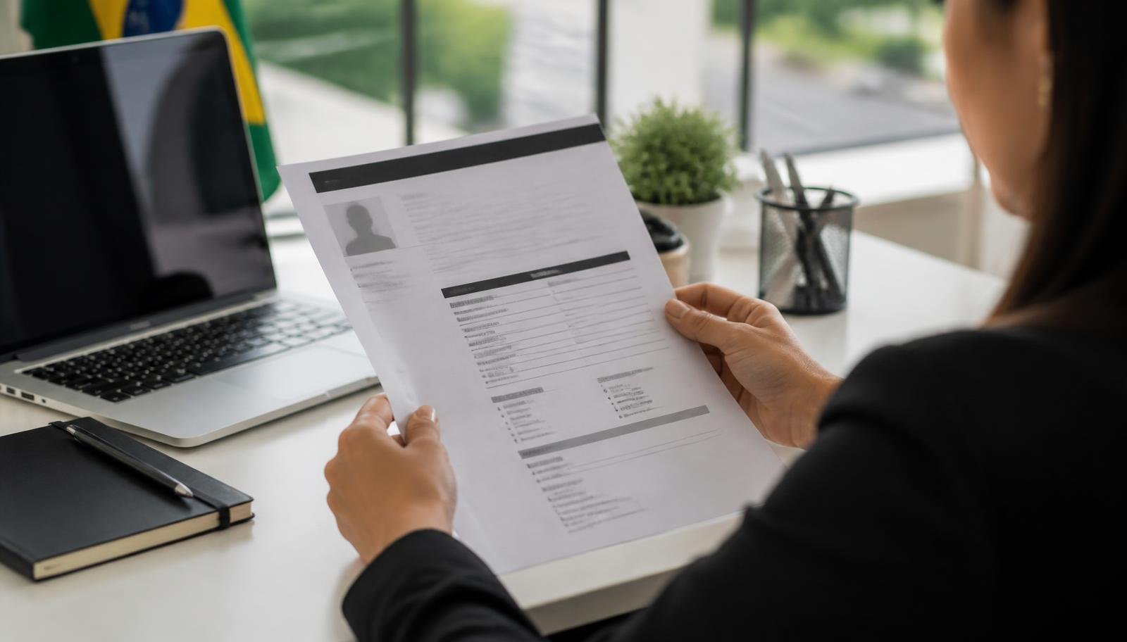 Recrutadora analisa um currículo impresso sobre a mesa, com notebook e caderno de anotações ao lado