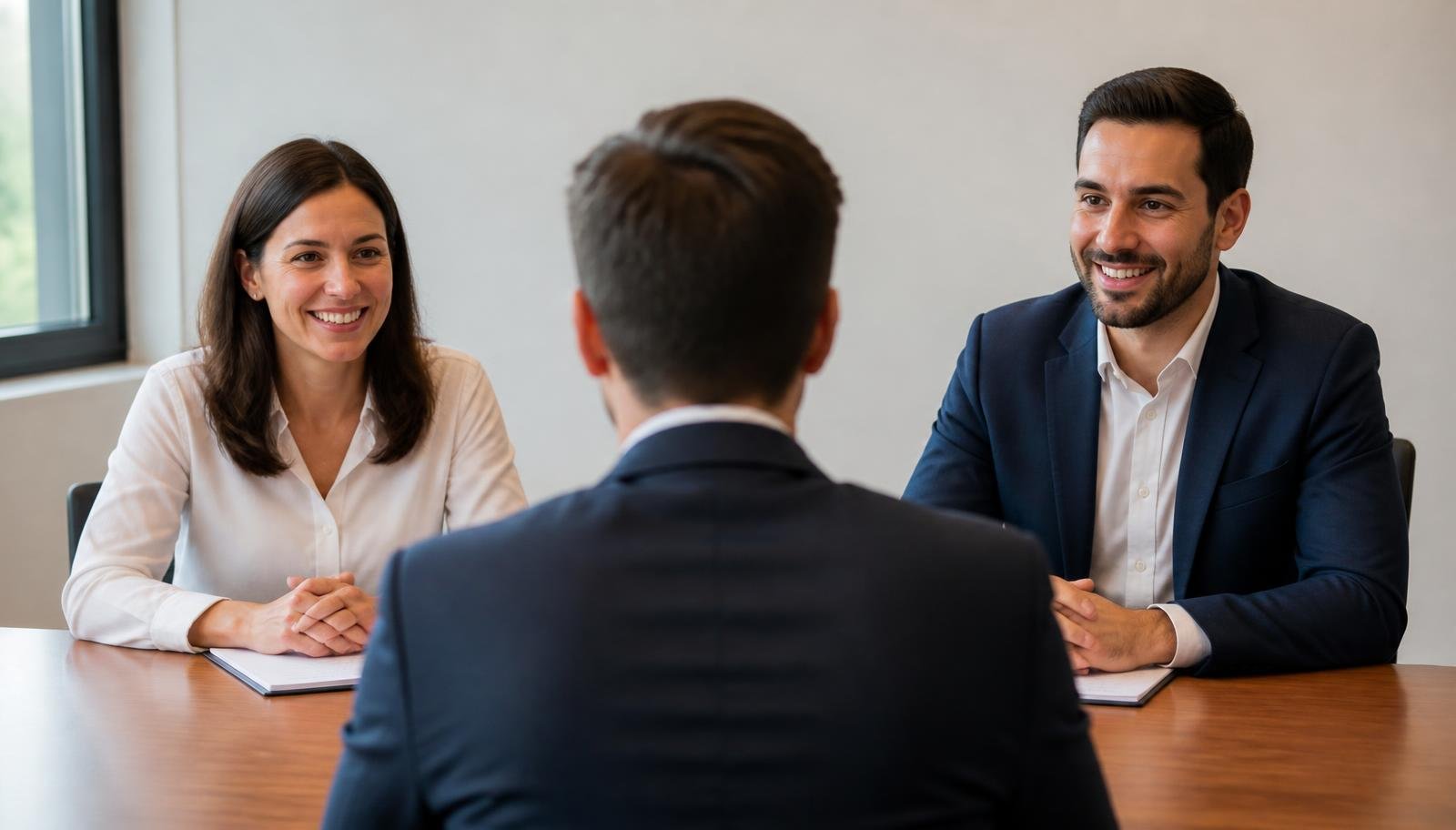 Candidato conversa com dois recrutadores em sala de reunião clara durante entrevista de emprego