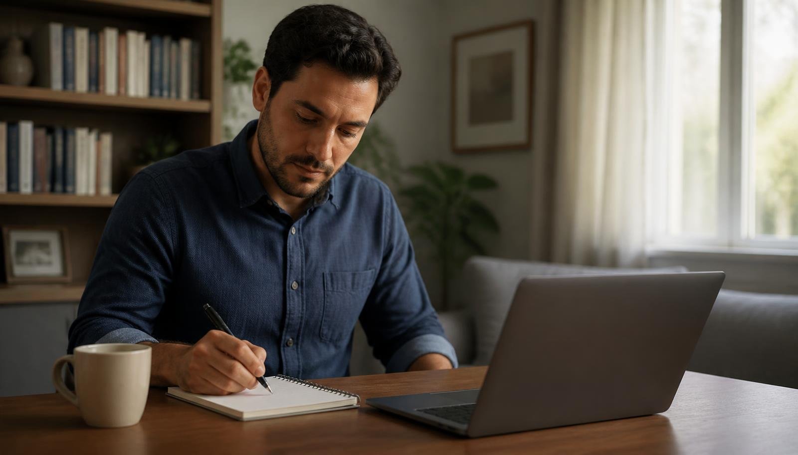 Preparação para entrevista de emprego com pesquisa sobre a empresa Homem pesquisa informações sobre a empresa no notebook e anota pontos em um caderno antes da entrevista