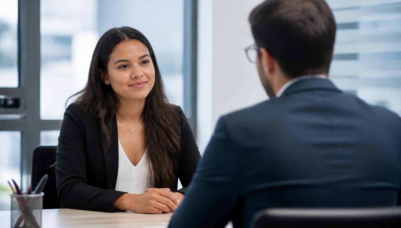 Jovem candidata conversa com recrutador durante entrevista de primeiro emprego em escritório iluminado