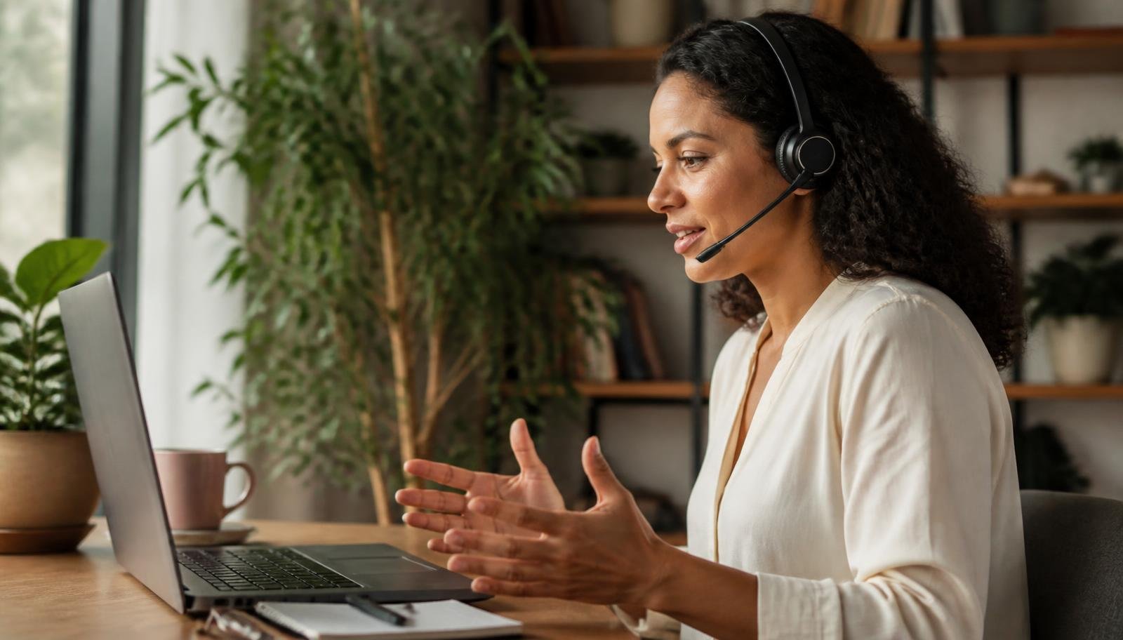 Profissional trabalhando em home office com notebook e headset durante reunião por vídeo